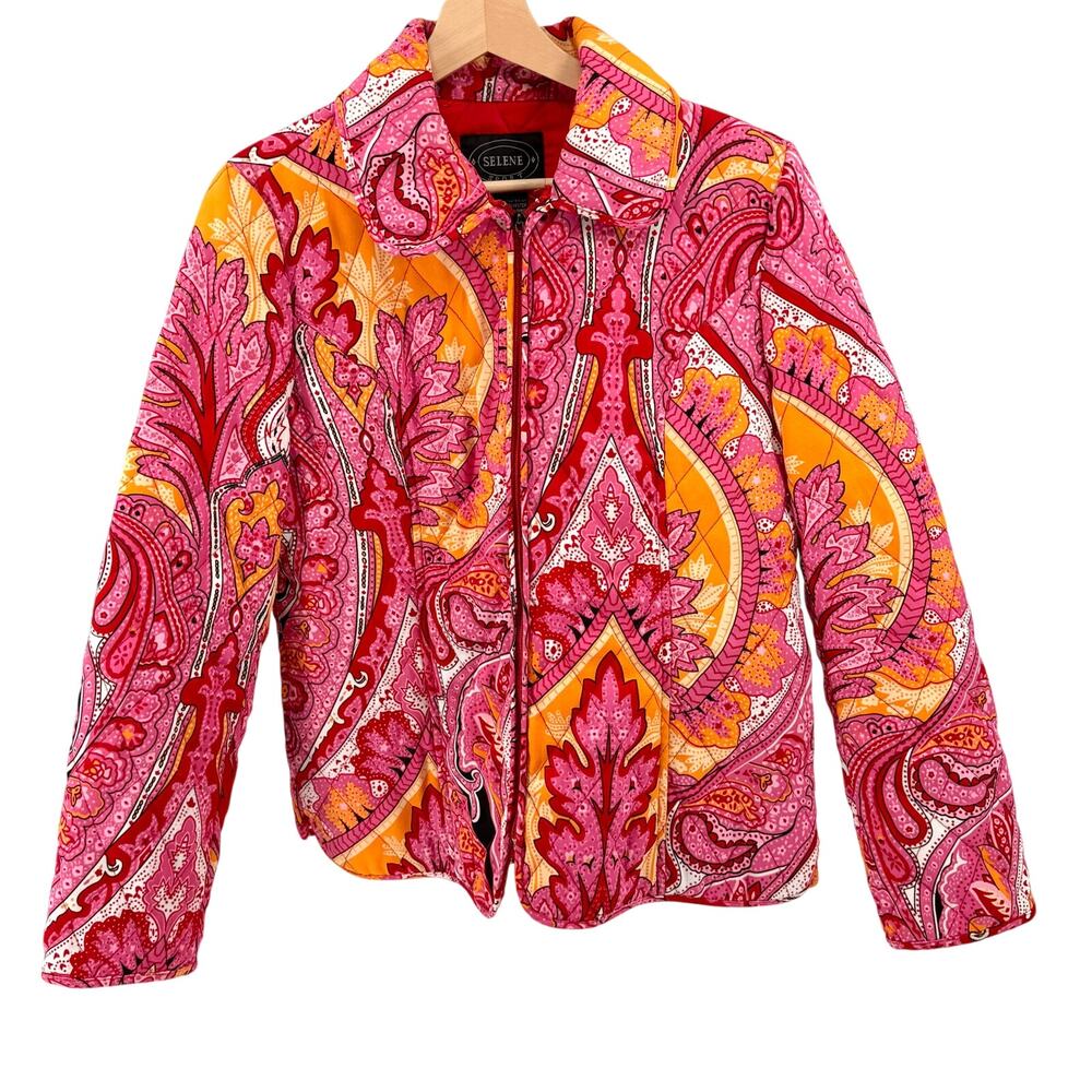 Vintage Y2K Selene Sport Pink Red Paisley Quilted Zip Up Puffer Jacket